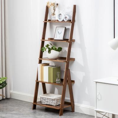 China Eco-Friendly Leaning Organizer Bamboo 5 Tier Storage Rack Bookshelf Rack Shop Ladder Shelf Wall Shelf For Non-Folding Rack for sale