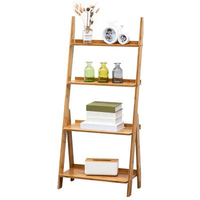 China Shop 4tier Ladder Bamboo Wood Wooden Wall Shelf Leaning Flower Pot Rack for sale