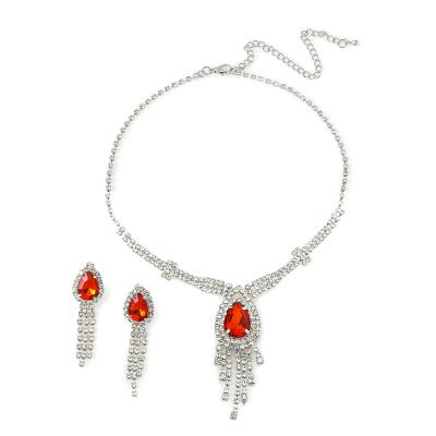 China Factory Outlet Water Drop Tassel Rhinestone Jewelry Set Two Piece Set Bridal Necklace Earrings Friendly Material for sale