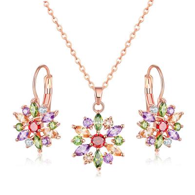 China Colorful Crystal Necklace Set Zircon Earrings Luxury Zircon Necklace Jewelry Set Friendly Material for sale