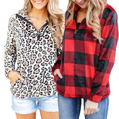 China 2021 Best Selling Anti-wrinkle Women Plaid Printing 1/4 Zip Collar Turndown Sweatshirt for sale