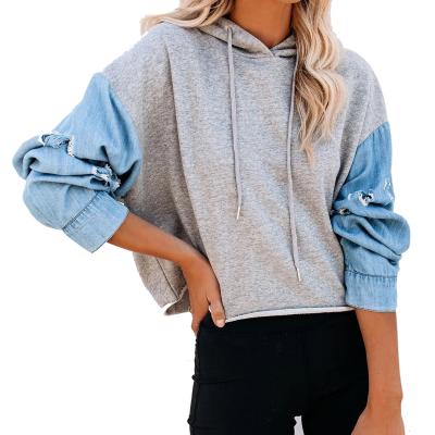 China Anti-Wrinkle Casual Hooded Long Sleeve Denim Quilted Sweatshirt for sale