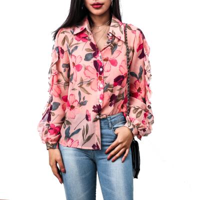 China European and American women's summer fashion lotus leaf sleeve chiffon anti-shrink straight printed shirt for sale