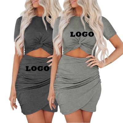 China High Quality Popular Ruched Hollow T-shirt Anti-Static Crew Neck Solid Color Retail Twist Mini Dress for sale