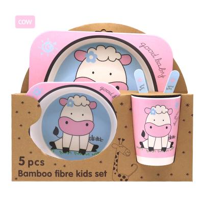 China Training Baby Eating Factory Price Plastic Dinner Set Anti Falling Melamine Dinnerware Utensils 5pcs Cartoon Baby Kids Bamboo Tableware for sale