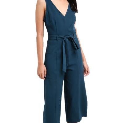 China Hot Selling Anti-Wrinkle Women Fashion V-Neckline Sexy Solid Color With Belt Wide Leg Overalls for sale