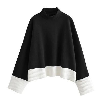 China Autumn Fashion Ladies Apparel Street Breathable Loose Tops Stand Collar Contrast Color Casual Sweater For Women for sale