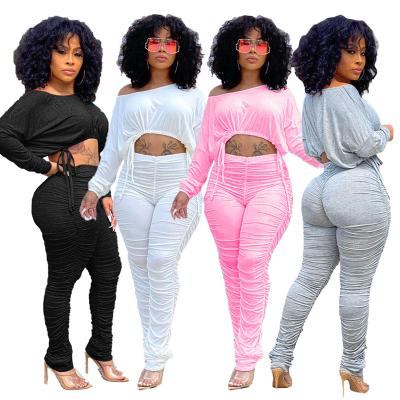 China 2020 QUICK DRY fashion women outfits drawstring crop top and pile pants plus size 2 two piece sets for sale