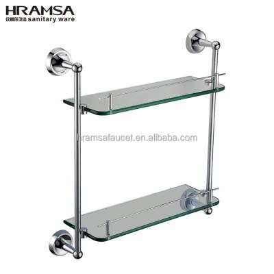 China Eco - Friendly Luxury Copper Bathroom Shelves Double Glass Shelf With Railing for sale