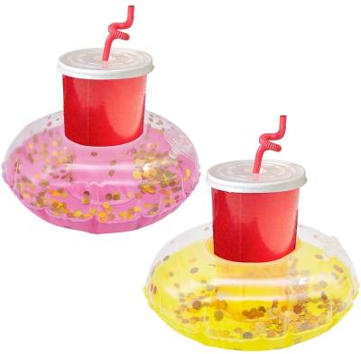 China Factory Environmental Custom Round Glitter Beverage Coaster Swimming Pool Cup Holder Floating Inflatable Drink Holder for sale