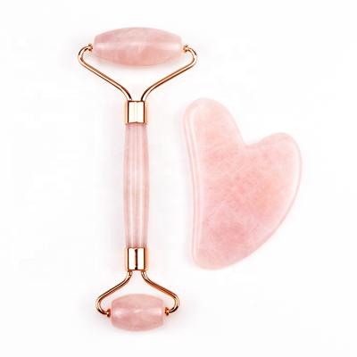 China Amazon Top Sales Manufacturer Portable Natural Pink Jade Roller Gua Sha Set Custom Logo Face Massage Anti Aging Quartz for sale