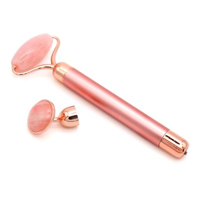 China Wholesale custom logo portable USB Rose Quartz Pink natural anti aging 2 in 1 rechargeable vibration Jade Roller for sale