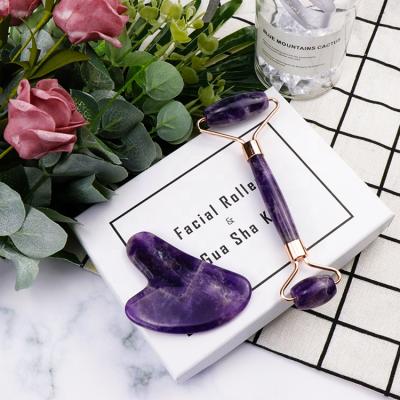 China Private Label Maker Roller Silent Amethyst Beauty Face Roller Natural Crystal Facial V-Shape Portable Handle Massage for sale