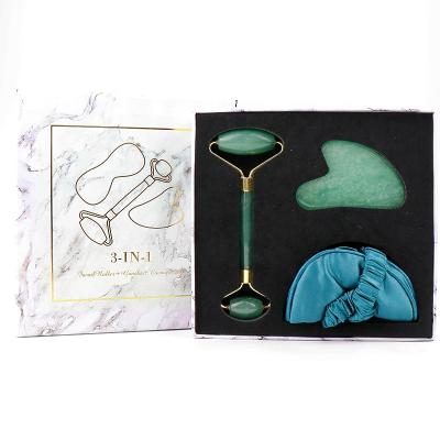 China Anti-Puffiness Amazon Hot Sellers Anti Aging Beauty 3 in 1 Skin Care Aventurine Jade Natural Roller Gua Sha Jade Facial Roller Set for sale