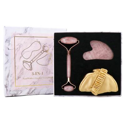 China Anti-Puffiness Amazon Hot Sellers 3 in 1 Beauty Anti Aging Skin Care Rose Quartz Roller Gua Sha Stone Facial Set Jade Roller for sale