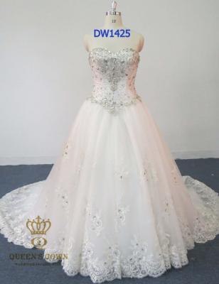 China Cheap Factory New Pattern Lace Beaded Ball Gown One Line Dry Cleaning Dresses Wedding Dresses for sale