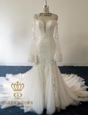 China New Viable Long Sleeve Mermaid Wedding Dresses Horn Sleeve Lace Applique Wedding Dresses for sale