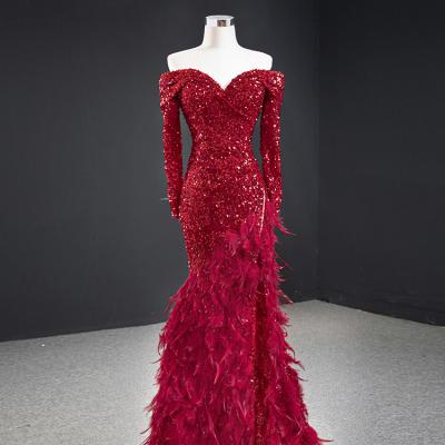 China Anti-Static Red Off-Shoulder Mermaid Long Sleeve Feather Sequins Lace Up Floor Length Evening Dress for sale