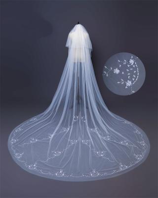 China Pearl Edge Tulle Beaded With Comb Beaded 3.5M Long Cathedral Veils For Bride Two Layer Wedding Veil for sale