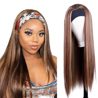 China Long Straight Mix Long Straight Wigs Brown and Blonde Hair Synthetic Hair Wigs For Women Synthetic Headband Wig Seller for sale