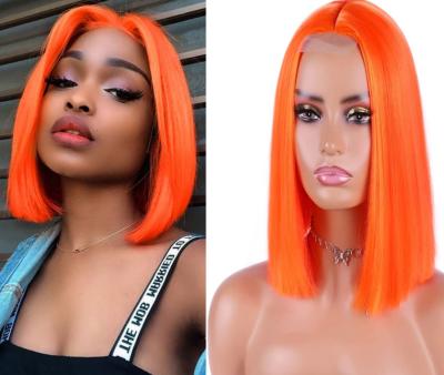 China Wholesale Price Water Wave Orange Silky Straight Colored Middle Part Hair Bob Wigs Copper Color Synthetic Lace Bob Wig for sale