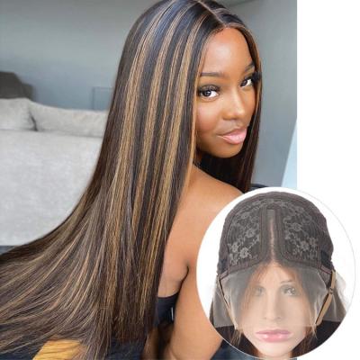 China Wholesale Price P4/27 Silky Straight Color Wave Hair Synthetic Wigs With Big Highlights Pre Plucked T Lace Wig Factory Stock for sale