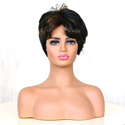 China FRENCH CURVE 2021 Short Amazon Pixie Cut Synthetic Wig Brown Mix Black Wig With Bangs Wavy Highlight Wigs For African American Natural Hair for sale