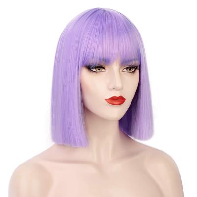 China Wholesale Water Wave Bob Wigs For Women Purple Medium Straight Hair Heat Resistant Synthetic Wig Part Cosplay Costume Wig Pastel Bangs for sale