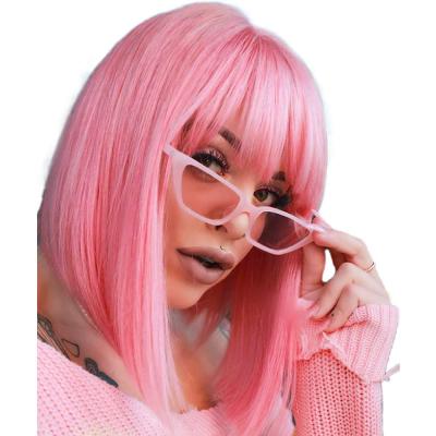 China Pink Wavy Curly Bob Wig With Bangs Short Straight Synthetic Hair Wigs For Women Shoulder Length Neon Pink Wig For Cosply Party Daily Wear for sale