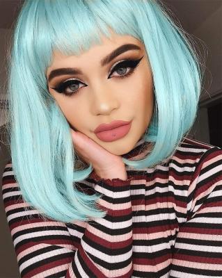 China Natural Looking Neon Short Bob Hair Pastel Mint Green Color Replacement Silky Straight Wave Wig With Bangs Machine Made None Lace Up Synthetic Wig for sale