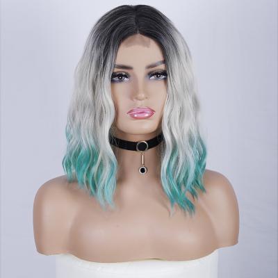 China Short Wavy Bob Synthetic Cosplay Wigs Shoulder Length Bob Ombre Black Wig Curly Gray Blue Wavy Wig Women Wavy Curly For Girl for sale