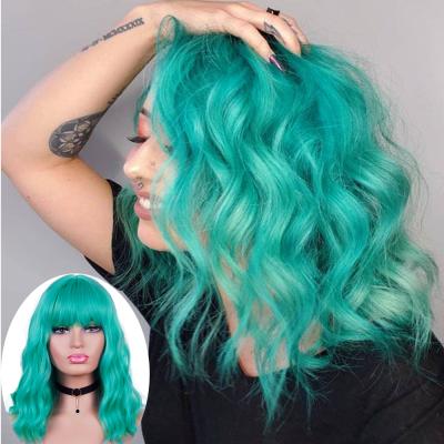 China Natural Color Short Turquoise Anogol Wavy Wave Wigs With Bangs For White Women Hair Wig Vendor Cosplay Cheap Heat Resistant Wigs for sale