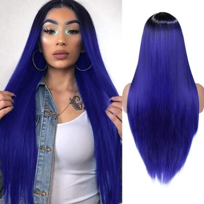 China Blue Wig Barely Shedding Thick Smooth Soft Ombre Long Straight Colored Synthetic Hair Wigs For Black Women Party Cosplay Costume Natural Heat Resistant Wig for sale