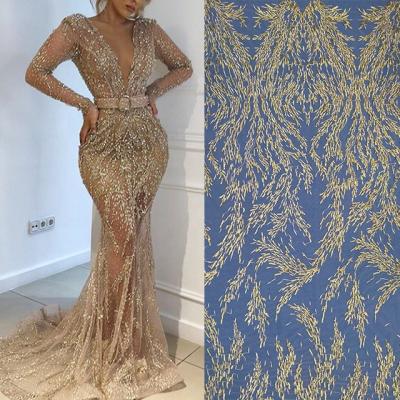 China Other Luxury Design Soft Embroidery Beading Tulle Lace Fabric For Evening Dress 14M MOQ for sale