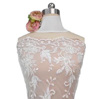 China Other 2021 Best Selling White Sequin Lace Trim Beaded Embroidery For Wedding Dress for sale