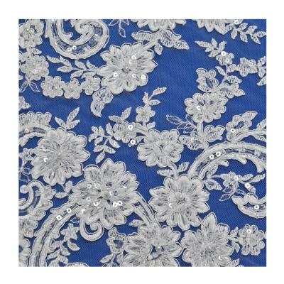 China Soft Custom Bridal Sheer White Sequin Embroidered 3D Lace With Beaded Fabric Handmade for sale