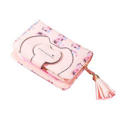 China Wholesale Cute Waterproof Kitten Tri Fold Ladies Coin Purse With Tassel PU Leather Printing Women Short Wallet for sale