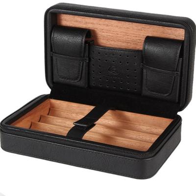 China Cedar Wood Leather Travel Humidor Brown Cigar Luxury Black Case Portable Humidor Set Gift Box for sale