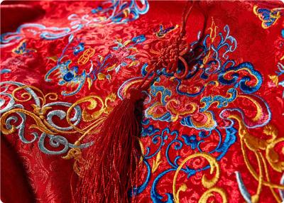 China High End Embroidered Fabrics , Red Chinese Wedding Dress Fabric for sale