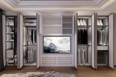 China Modern Black White Lines Full Height Wardrobe With Integrated TV And Superior Storage for sale