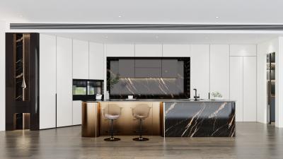 China Luxury SS Modern Kitchen Cabinet With Multifunctional Curved Metallic Gold Island for sale