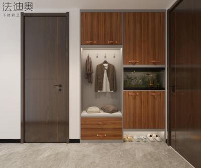 China Full-Stainless Steel Shoe Cabinet With Leather Handles And Storage In Warm Walnut Finish for sale