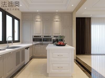 China Luxury Stainless Steel U-Shaped Kitchen With Island And Molded Panels for sale