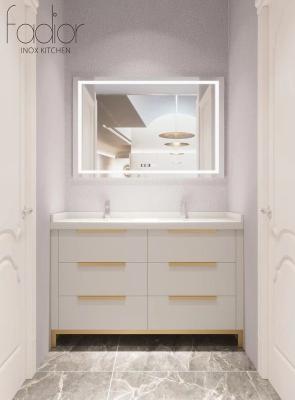 China Gold-Handle Stainless Steel Bathroom Vanity With Smart Mirror And Sleek Storage for sale