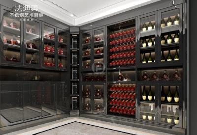 China Gabinete de vino de acero inoxidable con puertas de vidrio negro y almacenamiento en la esquina en venta