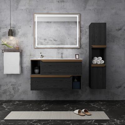 China Wood Grain Stainless Steel Bathroom Vanity With Integrated Storage And Open Shelf Design for sale