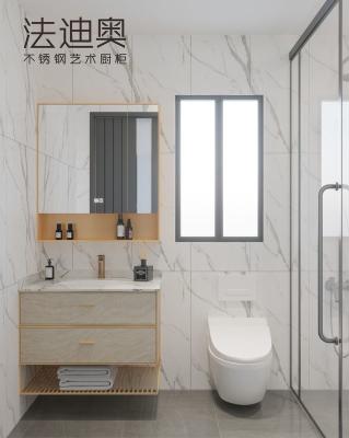 China Fadior Floating Stainless Steel Bathroom Vanity With Slatted Open Shelf for sale