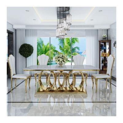 China Modern Factory wholesale hotel restaurant marble dining table luxury golden rectangular dining table set for sale