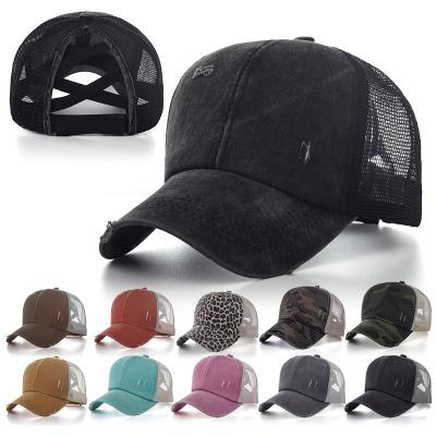 China Travel Agency Washed Crossed Cap Women Baseball Ponytail Old Fashioned Outdoor Sunscreen Hat Solid Color Peaked Hats for sale