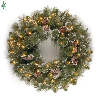 China Christamas Decoration 24 Inch Christmas Wreath With Lights For Front Entry LED Pine Needle Christmas Twinkle Garland for sale